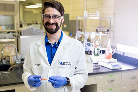 Dr. Tyler Barzee working in the bioprocessing lab